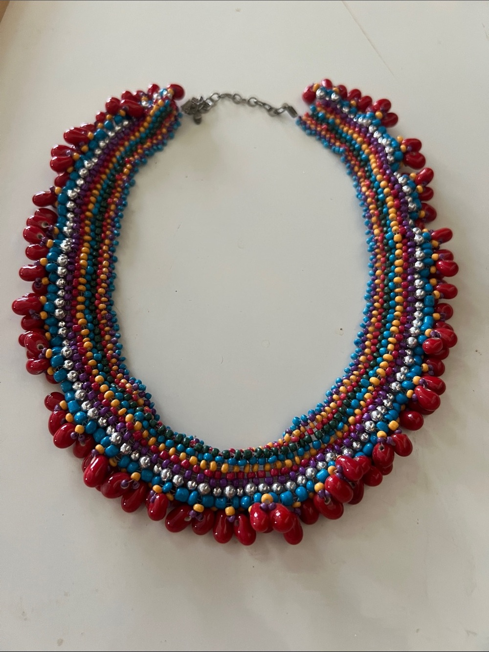 Vibrant Multicolor Beaded Necklace with Red Teardrop Accents